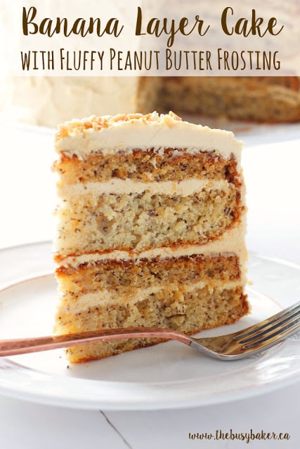 titled image (and shown): Banana Layer Cake with Fluffy Peanut Butter Frosting