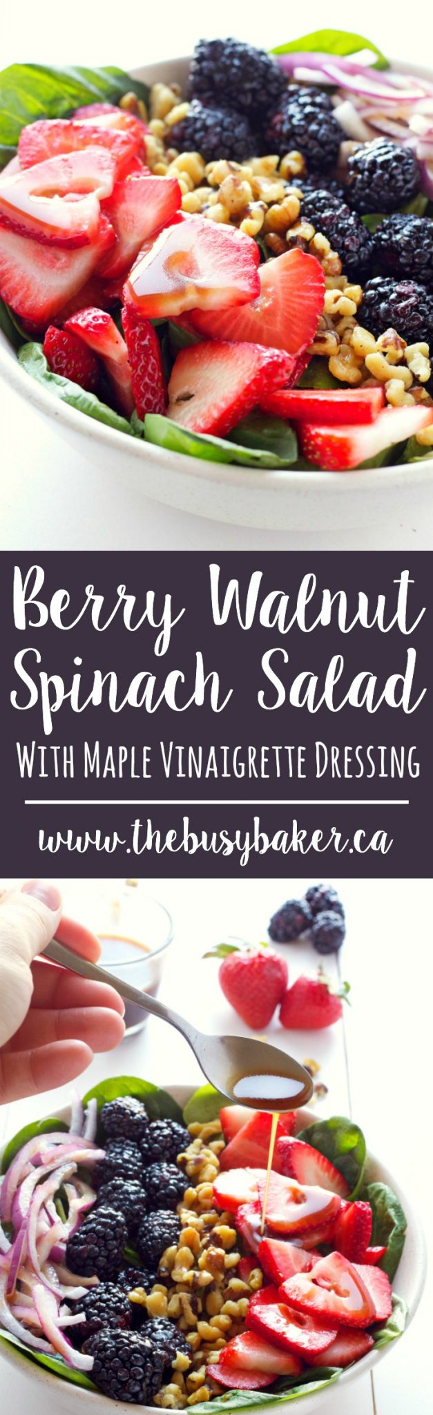 This healthy summer Berry Walnut Spinach Salad with Maple Vinaigrette is made with fresh spinach, berries and walnuts and an easy-to-make maple dressing! Recipe from thebusybaker.ca! via @busybakerblog