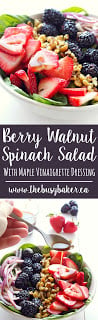 This healthy summer Berry Walnut Spinach Salad with Maple Vinaigrette is made with fresh spinach, berries and walnuts and an easy-to-make maple dressing! Recipe from thebusybaker.ca!