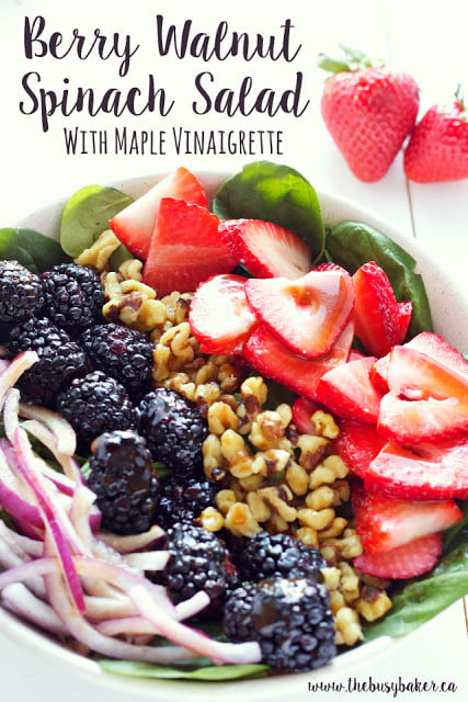 This healthy summer Berry Walnut Spinach Salad with Maple Vinaigrette is made with fresh spinach, berries and walnuts and an easy-to-make maple dressing! Recipe from thebusybaker.ca!