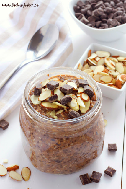 overnight oats with chia, sliced almonds, and chocolate chunks