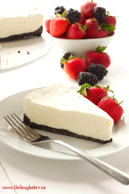 This Classic No Bake Cheesecake is so creamy and delicious and it's made with only 3 ingredients!! It's the perfect easy dessert that you don't have to bake! Serve it with fresh berries for an easy summer treat or add whatever toppings you like and enjoy it any time of the year! Recipe from thebusybaker.ca! #summerdessert #bestevernobakecheesecake