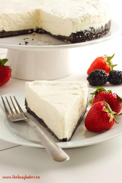 This Classic No Bake Cheesecake is so creamy and delicious and it's made with only 3 ingredients!! It's the perfect easy dessert that you don't have to bake! Serve it with fresh berries for an easy summer treat or add whatever toppings you like and enjoy it any time of the year! Recipe from thebusybaker.ca! #summerdessert #bestevernobakecheesecake