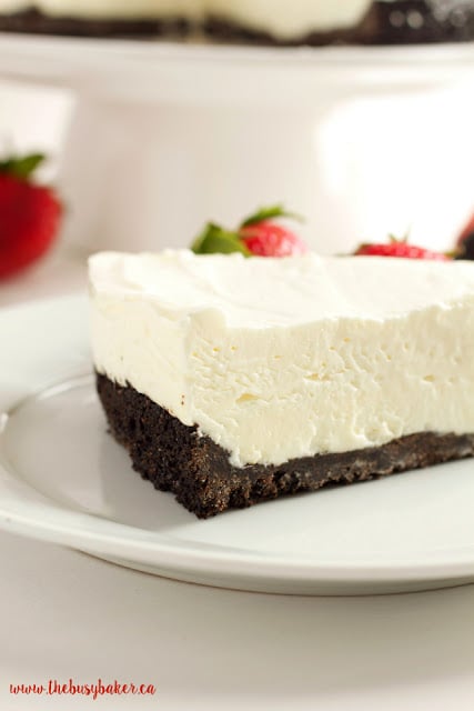 This Classic No Bake Cheesecake is so creamy and delicious and it's made with only 3 ingredients!! It's the perfect easy dessert that you don't have to bake! Serve it with fresh berries for an easy summer treat or add whatever toppings you like and enjoy it any time of the year! Recipe from thebusybaker.ca! #summerdessert #bestevernobakecheesecake