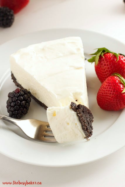 This Classic No Bake Cheesecake is so creamy and delicious and it's made with only 3 ingredients!! It's the perfect easy dessert that you don't have to bake! Serve it with fresh berries for an easy summer treat or add whatever toppings you like and enjoy it any time of the year! Recipe from thebusybaker.ca! #summerdessert #bestevernobakecheesecake