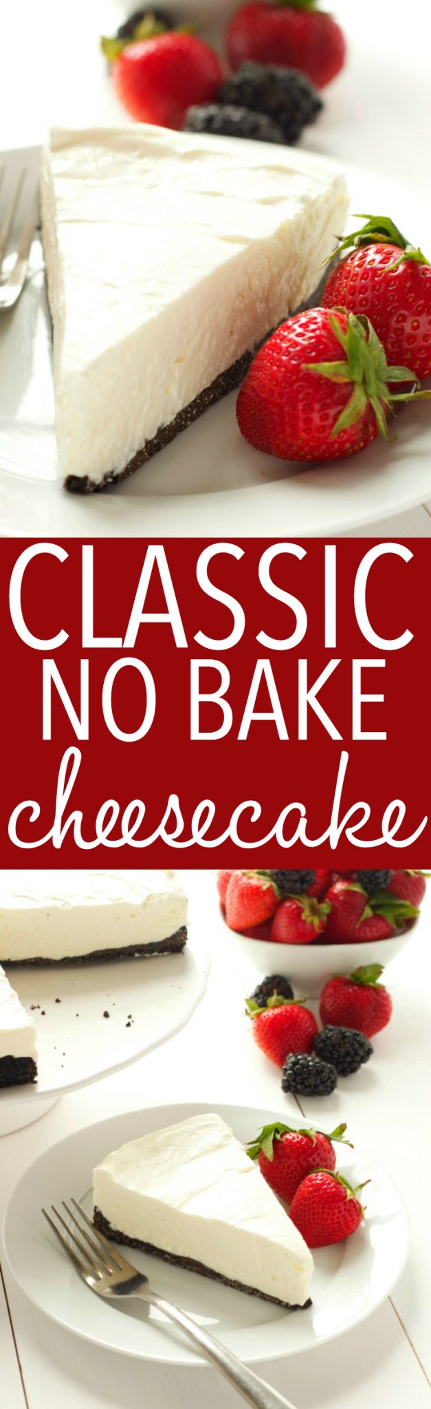 This Classic No Bake Cheesecake is so creamy and delicious and it's made with only 3 ingredients!! It's the perfect easy dessert that you don't have to bake! Serve it with fresh berries for an easy summer treat or add whatever toppings you like and enjoy it any time of the year! Recipe from thebusybaker.ca! #summerdessert #bestevernobakecheesecake via @busybakerblog