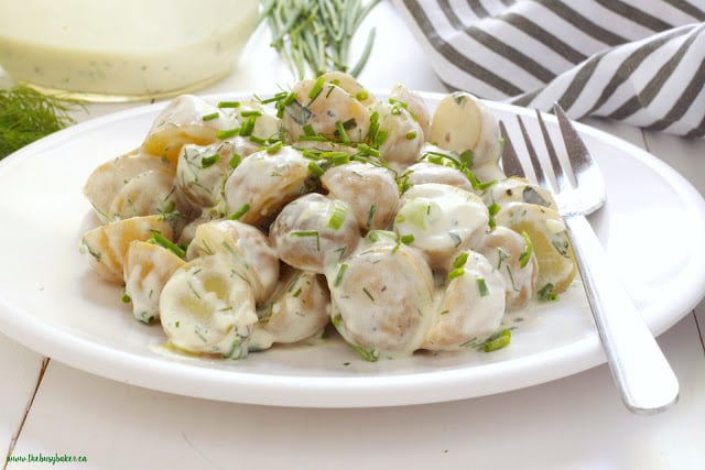 plate of healthier potato salad with low fat buttermilk ranch dressing