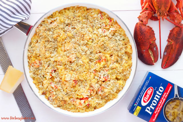 overhead image of seafood mac and cheese with fresh lobster