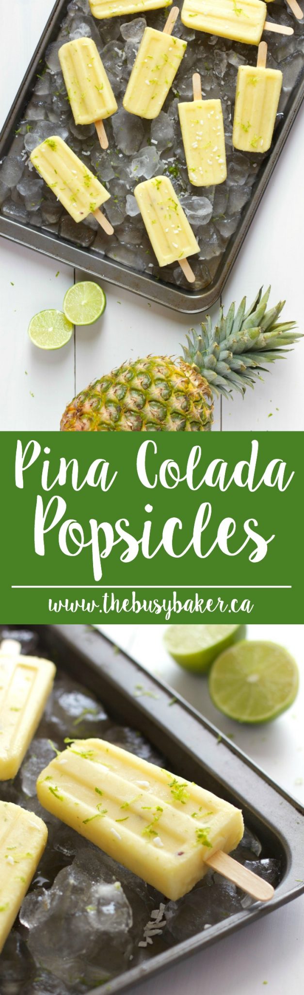 These Pina Colada Popsicles are a refreshing summer treat inspired by the tropical cocktail, and they're packed with fresh pineapple, coconut, and lime! Recipe from thebusybaker.ca! via @busybakerblog