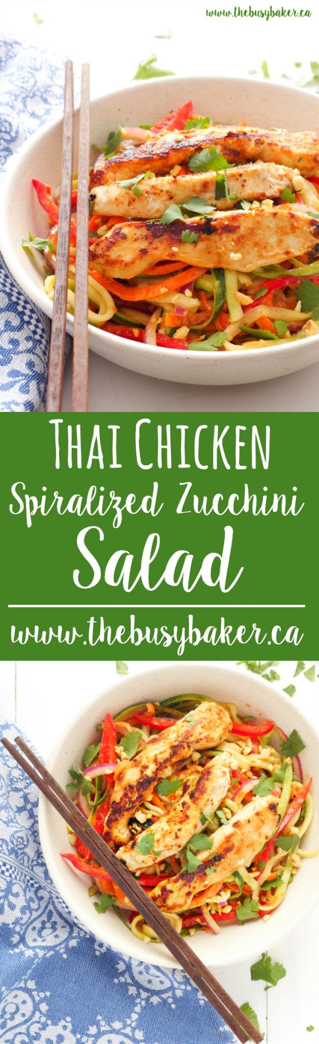 This Thai Chicken Spiralized Zucchini Salad is a healthy Asian-inspired meal featuring grilled chicken breast, spiralized veggies, and an easy peanut sauce! Recipe from www.thebusybaker.ca via @busybakerblog