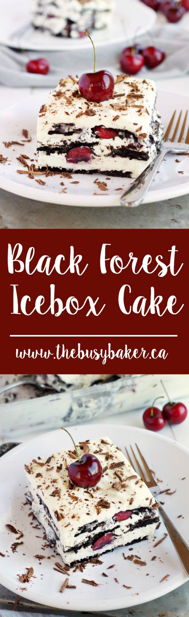 This No Bake Black Forest Icebox Cake is super creamy and sweet featuring fresh cherries, and you'll only need 4 simple ingredients to make it! Recipe from thebusybaker.ca! via @busybakerblog