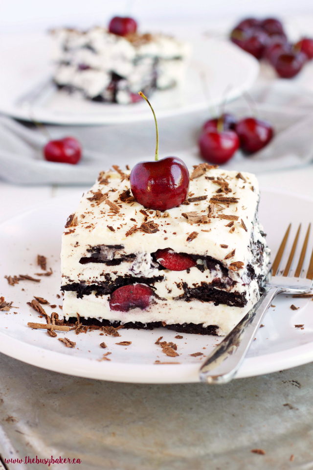 This No Bake Black Forest Icebox Cake is super creamy and sweet featuring fresh cherries, and you'll only need 4 simple ingredients to make it! Recipe from thebusybaker.ca!
