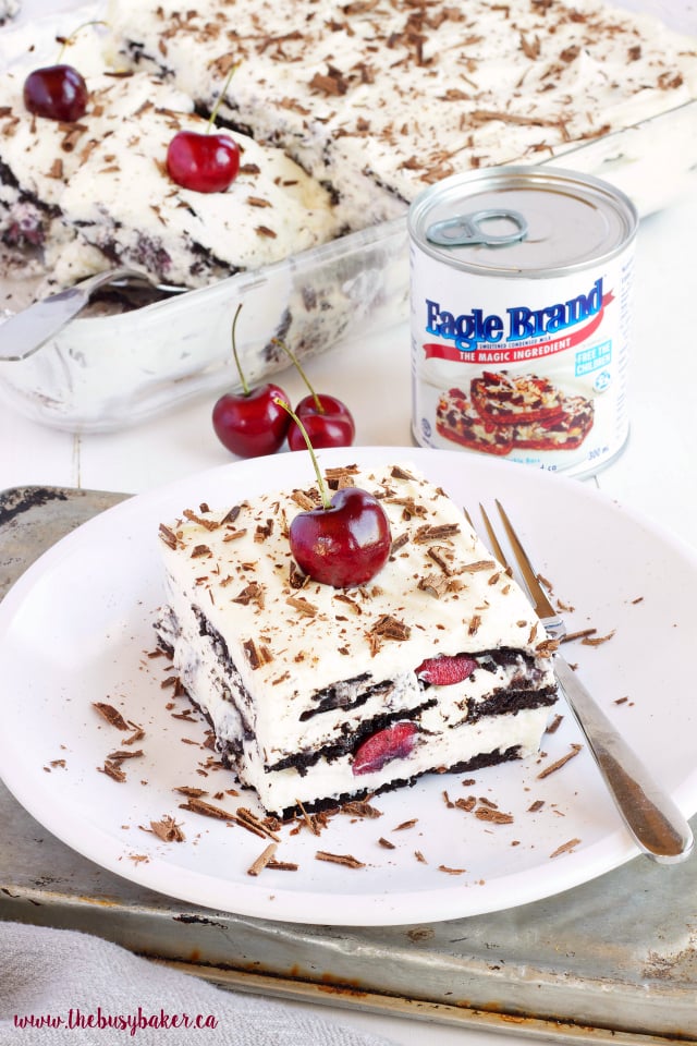This No Bake Black Forest Icebox Cake is super creamy and sweet featuring fresh cherries, and you'll only need 4 simple ingredients to make it! Recipe from thebusybaker.ca!