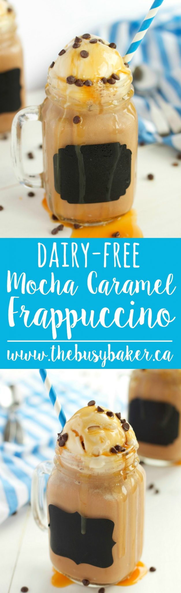 This Dairy-Free Mocha Caramel Frappuccino is flavoured with a hint of coffee, caramel and chocolate, and it's completely dairy-free, gluten-free, and vegan! Recipe by thebusybaker.ca! via @busybakerblog
