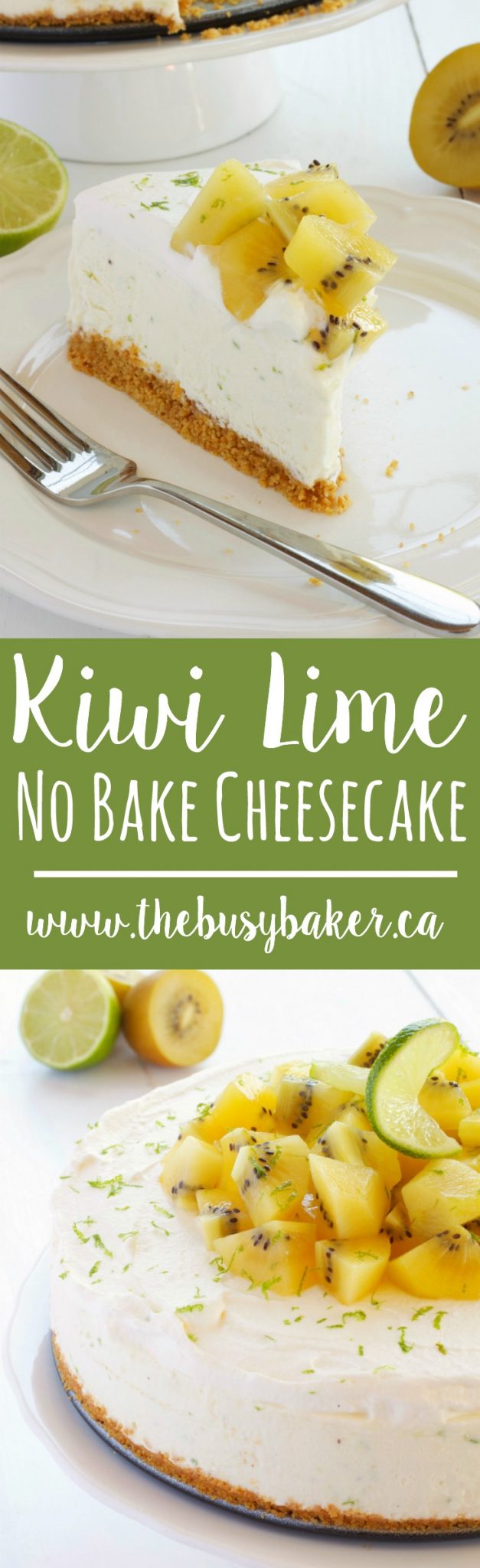 This Kiwi Lime No Bake Cheesecake is the perfect easy dessert for summer featuring fresh citrus flavours and delicious kiwifruit! Rich and creamy cheesecake filling paired with zesty lime and sweet, tart kiwifruit makes a simple summer sweet treat that's cool and refreshing, and great for entertaining! Recipe from thebusybaker.ca! #kiwicheesecake #kiwilime #summerdessert #summercheesecake #easynobakecheesecake via @busybakerblog