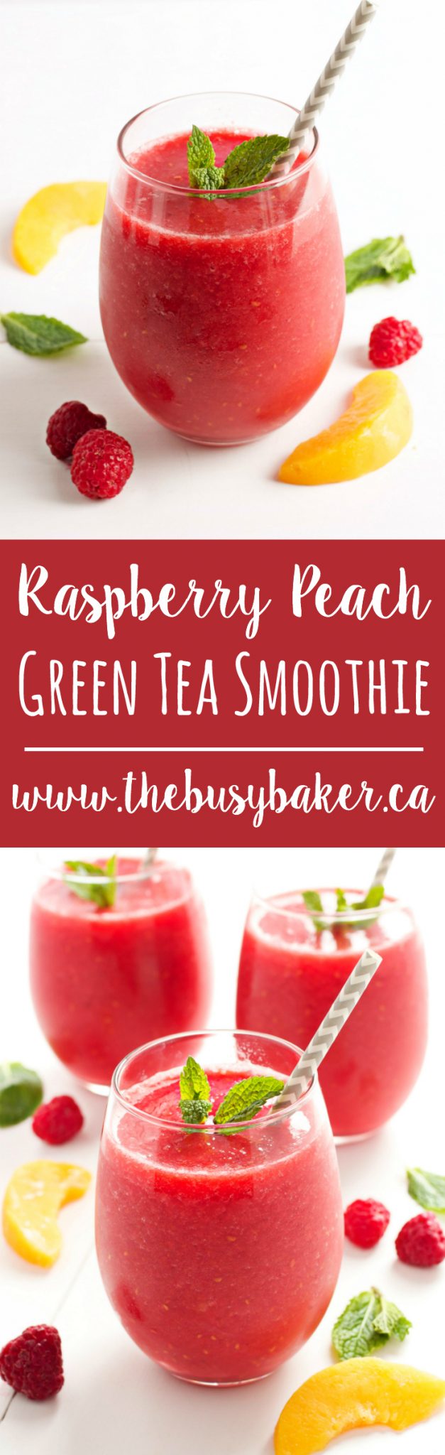 This Raspberry Peach Green Tea Smoothie a refreshing low-calorie treat that's naturally sweetened only with fruit, with a delicious hint of iced green tea! Recipe from thebusybaker.ca! via @busybakerblog