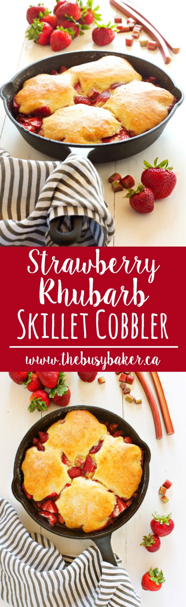 This Strawberry Rhubarb Skillet Cobbler is everybody's old-fashioned family favorite summer dessert recipe featuring fresh sweet strawberries and rhubarb! Recipe from thebusybaker.ca! via @busybakerblog