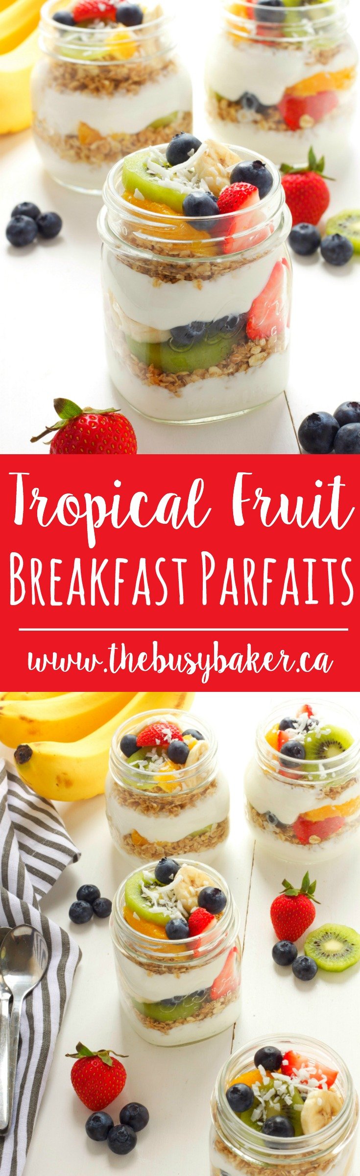 These Tropical Fruit Breakfast Parfaits feature fresh fruit, healthy homemade granola, and delicious yogurt for the perfect easy breakfast or snack! Recipe from thebusybaker.ca! via @busybakerblog