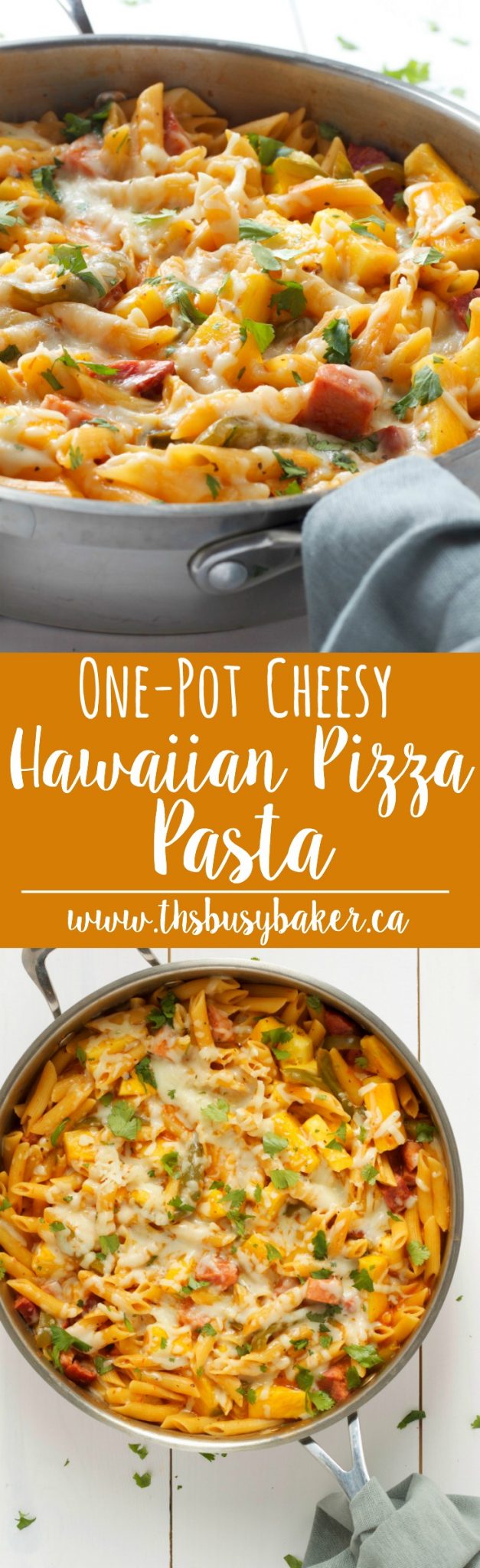 This Cheesy One Pot Hawaiian Pizza Pasta is the perfect easy weeknight meal with all the flavours of your favourite Hawaiian pizza! Recipe from thebusybaker.ca! via @busybakerblog