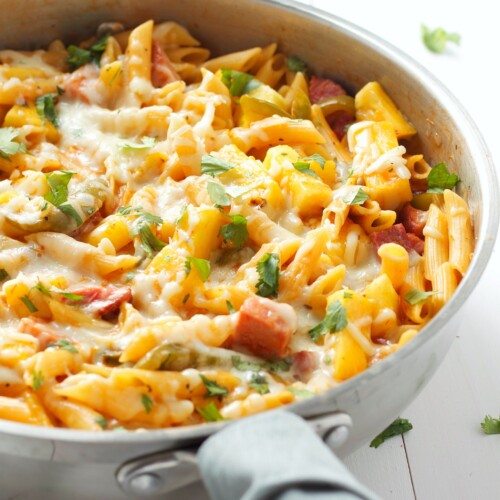 Cheesy One Pot Hawaiian Pizza Pasta - The Busy Baker