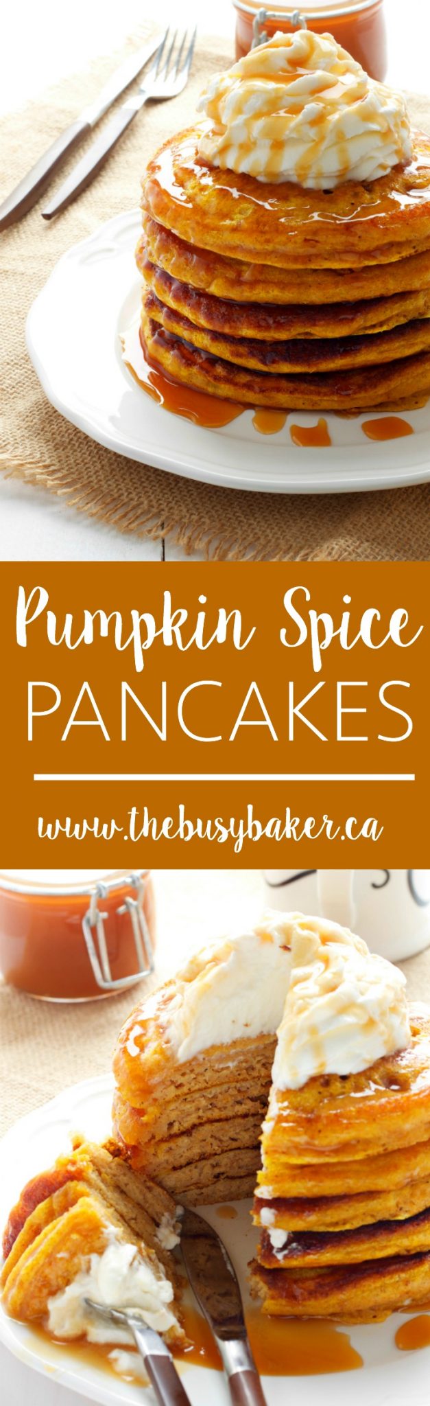 These Pumpkin Spice Pancakes are a delicious fall breakfast! Made with fresh buttermilk, pumpkin and topped with caramel and whipped cream! Recipe from thebusybaker.ca! via @busybakerblog