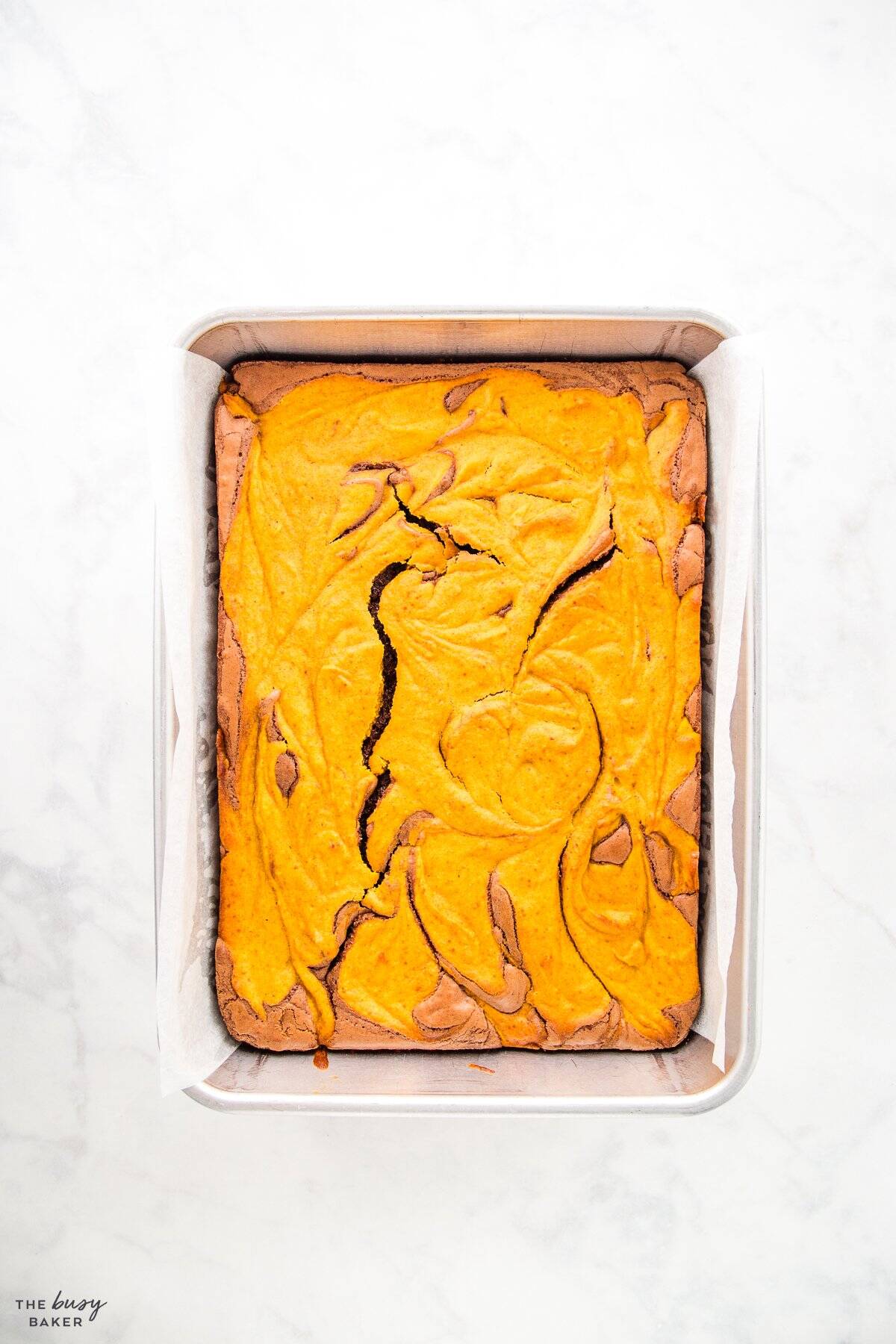 pan of pumpkin swirl brownies