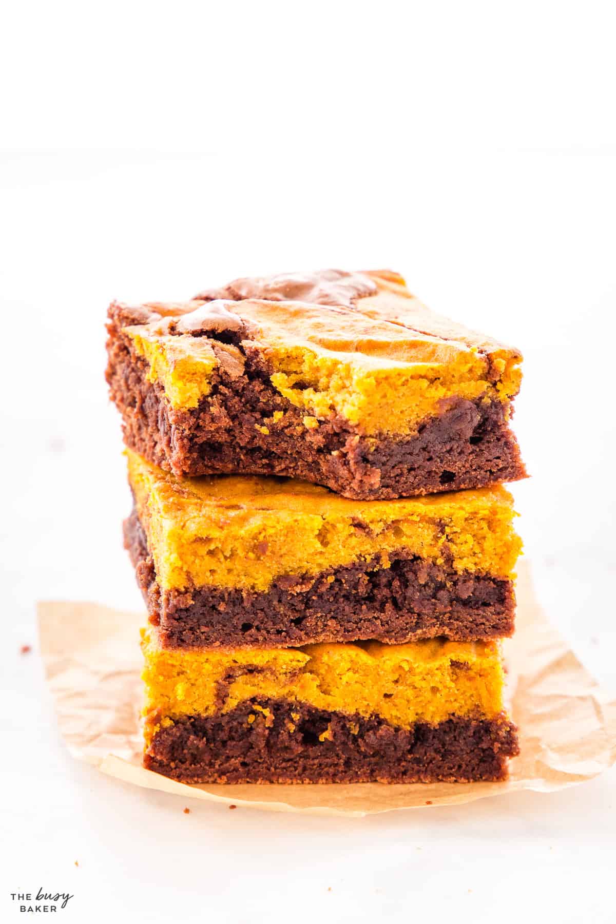 stack of fudgy pumpkin brownies