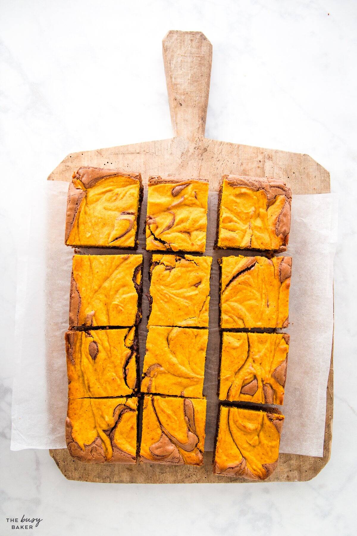 overhead image: 12 pumpkin swirl brownies