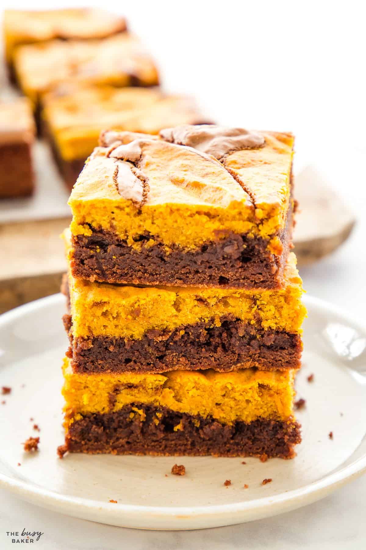 stack of fudgy pumpkin brownies