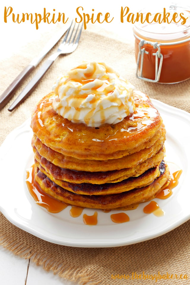 A stack of pumpkin spice pancakes with text