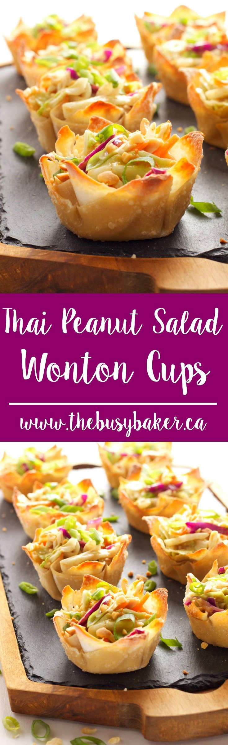 These Thai Peanut Salad Wonton Cups feature a delicious Thai-inspired peanut dressing over shredded veggies, topped with crushed peanuts! via @busybakerblog