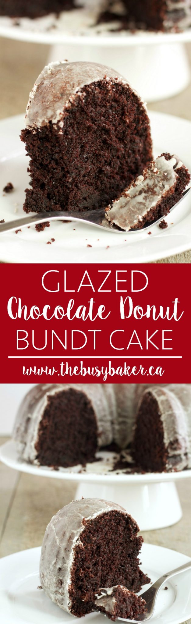 This Glazed Chocolate Donut Cake is everyone's favourite coffee shop donut in cake form with a delicious, sweet glaze! Recipe from thebusybaker.ca! #donutcake #glazedchocolatedonutcake #chocolatedonut #glazeddonut #chocolatecake #easychocolatecake #bundtcake #glazedcake #secretingredient via @busybakerblog