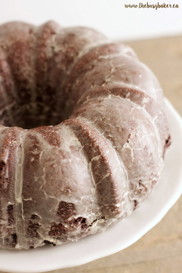 Glazed Chocolate Donut Bundt Cake www.thebusybaker.ca