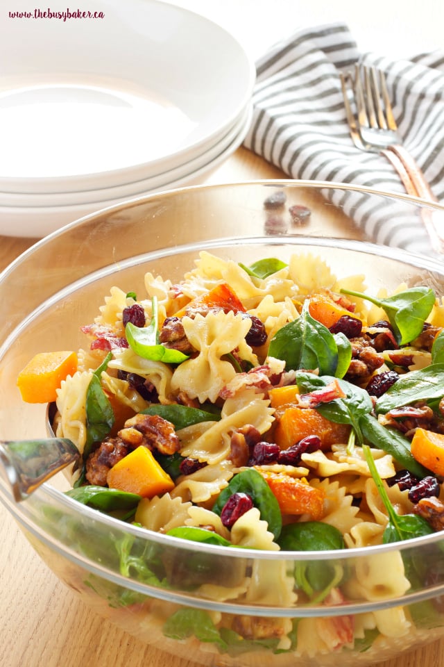 Butternut Squash Pasta Salad with Cranberries, Pancetta and Candied Walnuts www.thebusybaker.ca