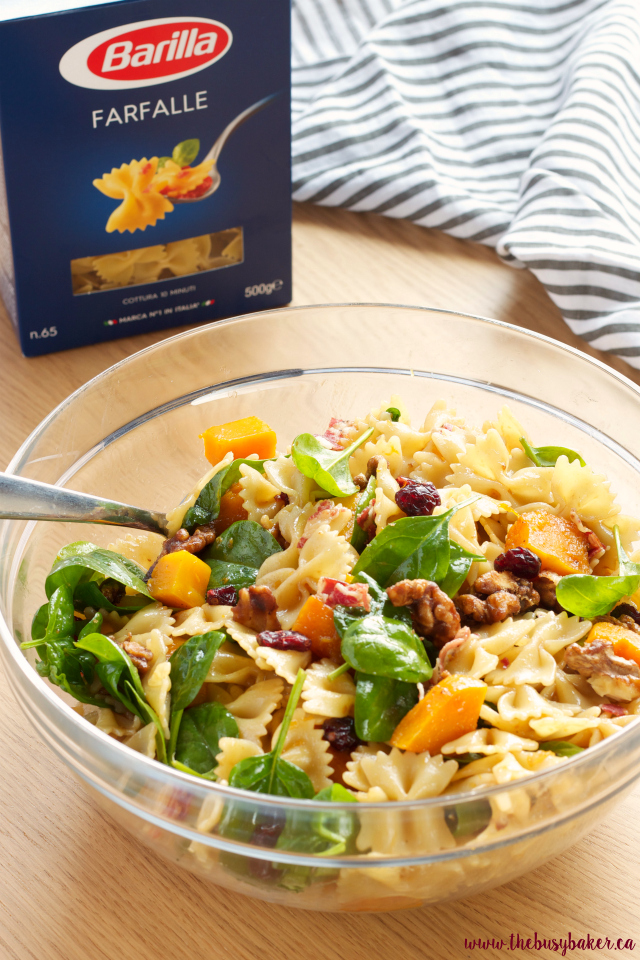 Butternut Squash Pasta Salad with Cranberries, Pancetta and Candied Walnuts www.thebusybaker.ca