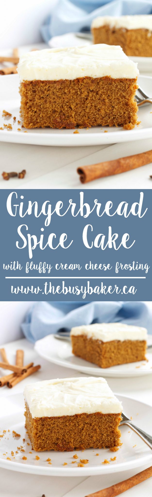 This Gingerbread Spice Cake with Fluffy Cream Cheese Frosting is bursting with holiday flavours like fresh ginger and topped with cream cheese frosting. Recipe from thebusybaker.ca! via @busybakerblog