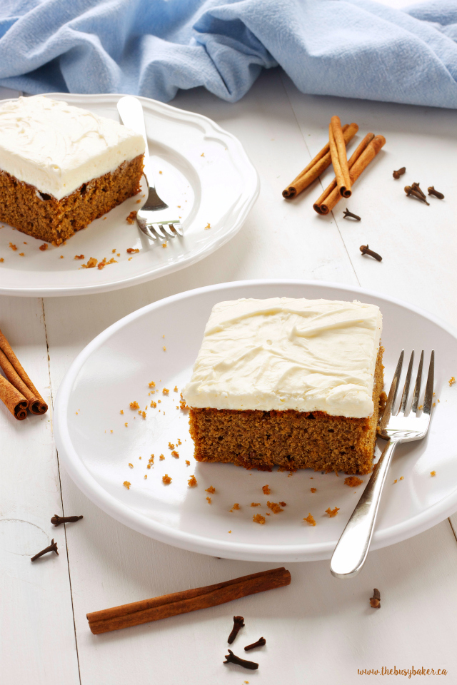 Gingerbread Spice Cake with Fluffy Cream Cheese Frosting. The perfect holiday dessert! www.thebusybaker.ca