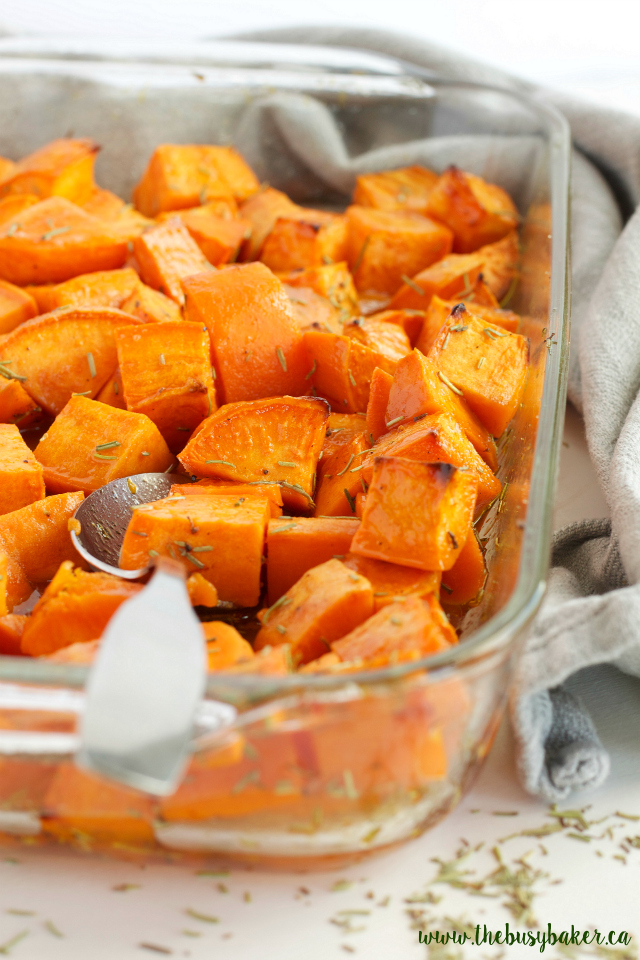 These Maple Rosemary Roasted Sweet Potatoes are the perfect holiday side dish! Recipe from www.thebusybaker.ca!