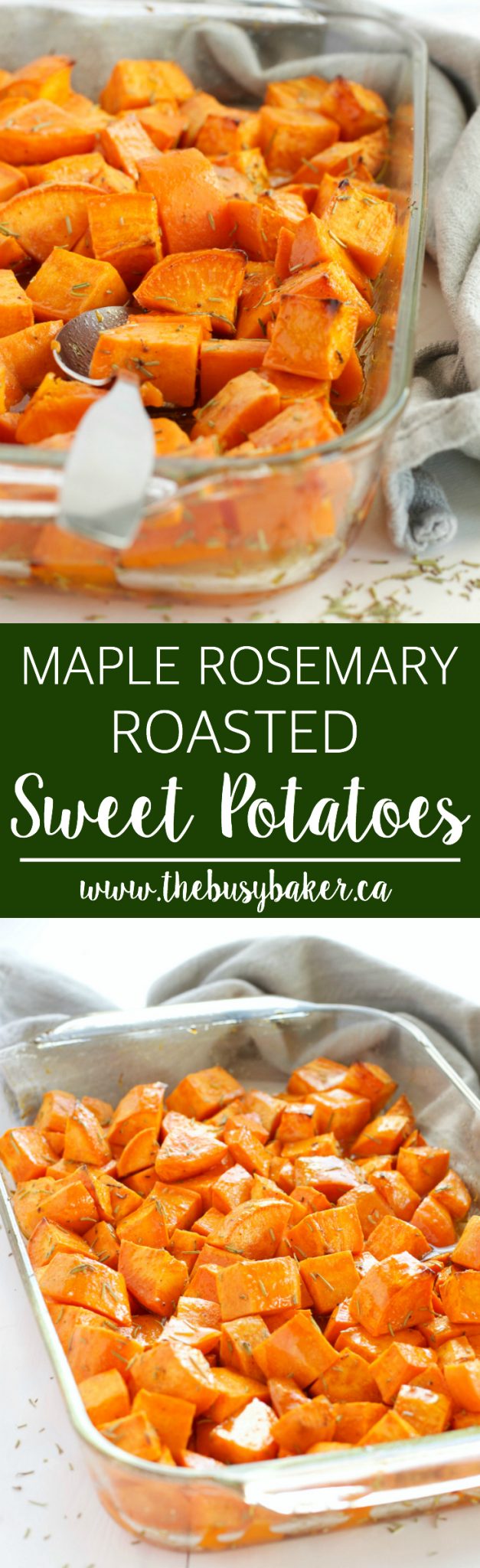 These Maple Rosemary Roasted Sweet Potatoes are filling and sweet with the perfect glaze from real maple syrup and they taste just like the holidays! Recipe from thebusybaker.ca! via @busybakerblog