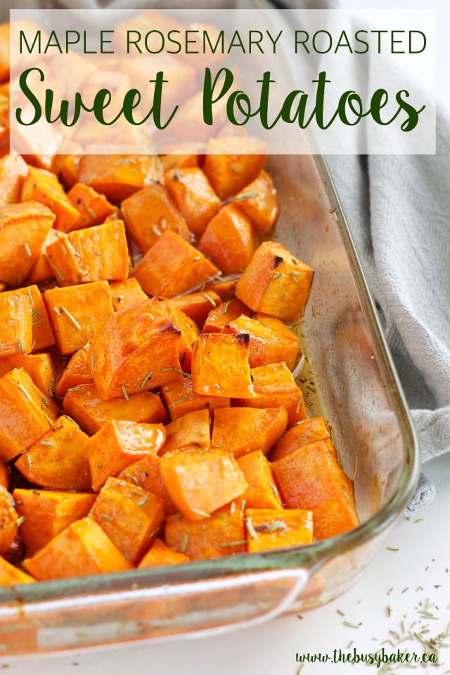 These Maple Rosemary Roasted Sweet Potatoes are the perfect holiday side dish! Recipe from www.thebusybaker.ca!