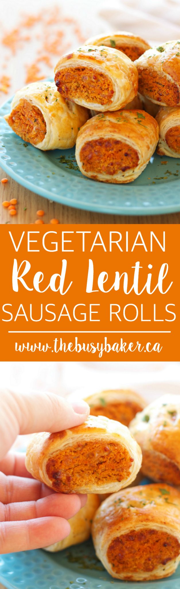 These Vegetarian Red Lentil Sausage Rolls are the perfect vegetarian appetizer! They're easy to make and you won't even miss the meat! thebusybaker.ca via @busybakerblog