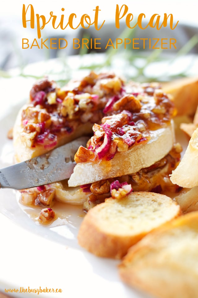 This Apricot Pecan Baked Brie Appetizer is SO easy and perfect for entertaining! Recipe from www.thebusybaker.ca