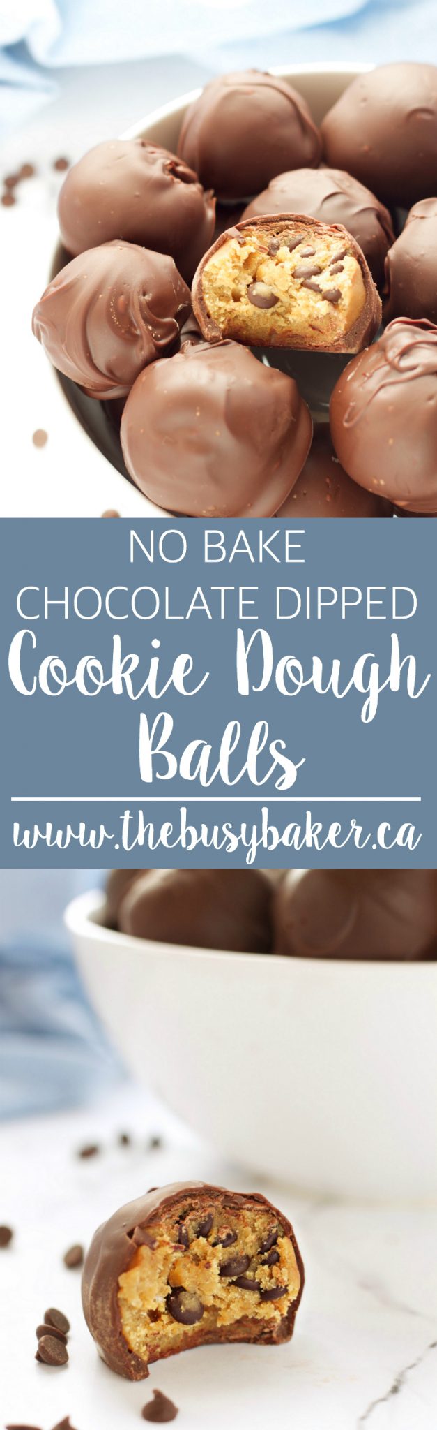 These No Bake Chocolate Dipped Cookie Dough Balls are an easy-to-make delicious treat perfect for a holiday cookie tray or any time of the year! Recipe from thebusybaker.ca! via @busybakerblog