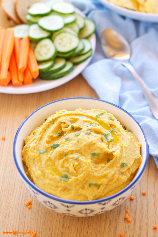 Red Lentil Curry Hummus - Try this deliciously healthy vegetarian recipe! www.thebusybaker.ca