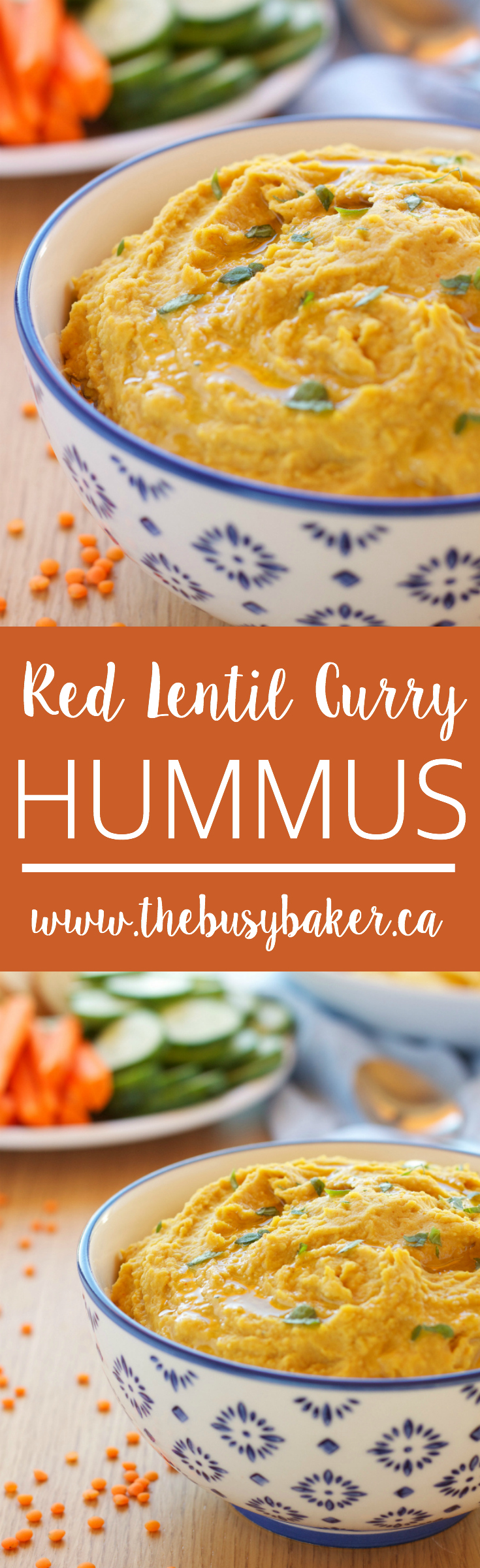 This Red Lentil Curry Hummus is a delicious vegetarian dip packed with protein and fiber! It makes the perfect healthy appetizer! Recipe from thebusybaker.ca! via @busybakerblog