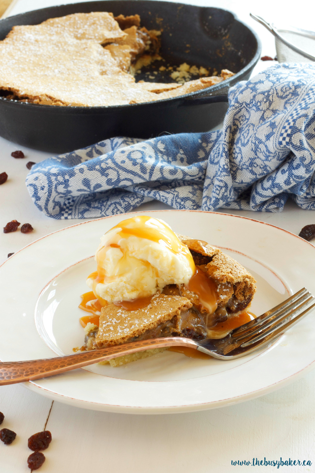 These Skillet Butter Tart Bars are just like classic Canadian butter tarts with a tender shortbread base, chewy butter tart filling, ice cream and caramel! Recipe from thebusybaker.ca!