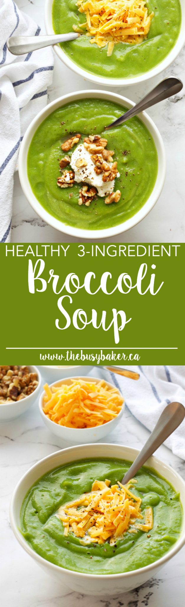 This Healthy 3 Ingredient Broccoli Soup is the perfect easy healthy recipe! Just 3 simple ingredients and a blender is all you need! Recipe from thebusybaker.ca! via @busybakerblog