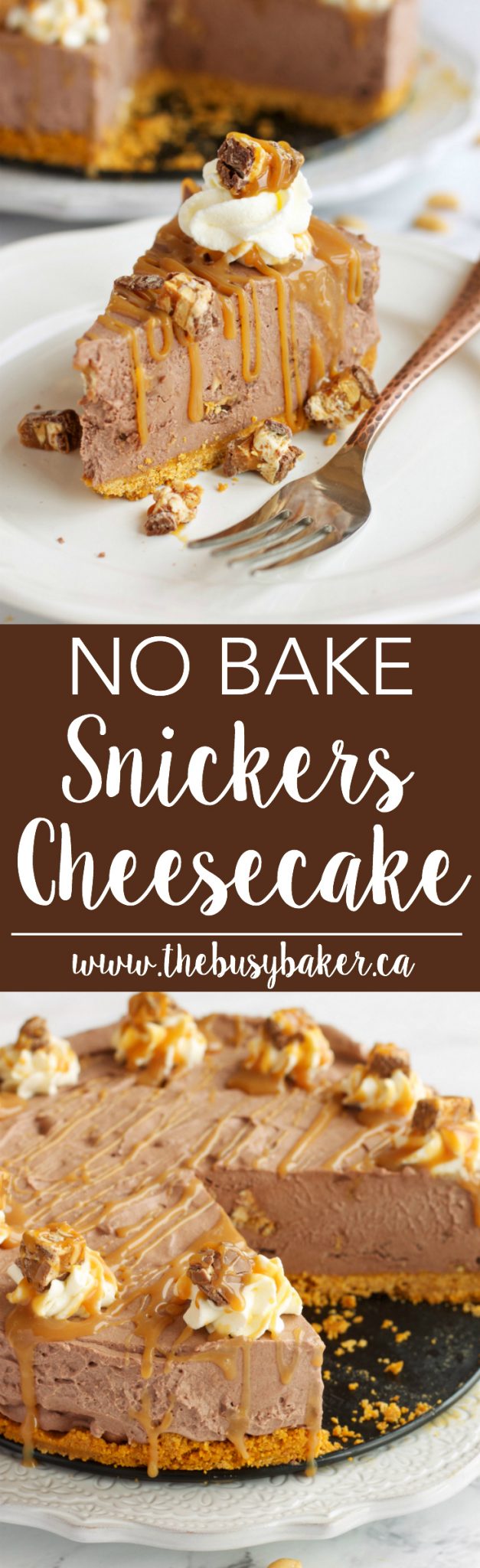 A deliciously simple Easy Snickers No Bake Cheesecake Recipe that will satisfy every cheesecake craving! Recipe from thebusybaker.ca via @busybakerblog