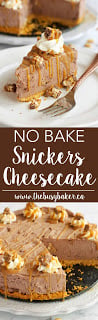 This No Bake Snickers Cheesecake is the perfect easy to make decadent dessert! Recipe from www.thebusybaker.ca