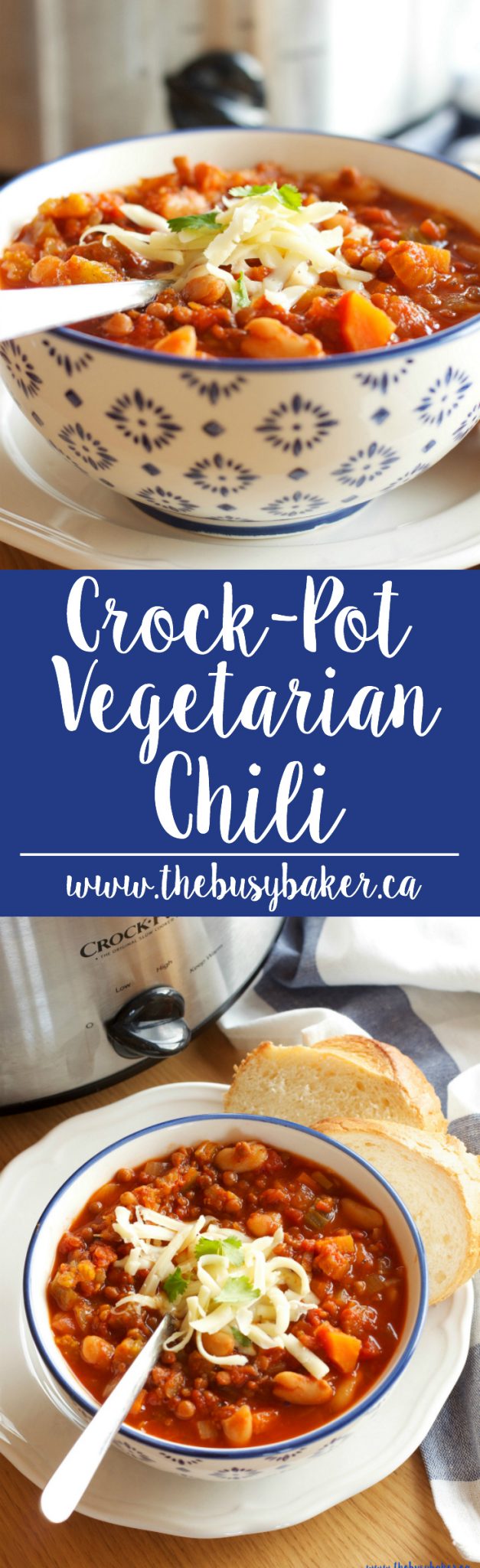 This Crock Pot Vegetarian Chili is a staple recipe in our family! It’s a super easy healthy chili recipe – just dump all the ingredients in your slow cooker, set it and forget it, and in a few hours you’ll have a delicious meal to warm you up from the inside out! Recipe from www.thebusybaker.ca #vegetarian #chili #winter #soup #stew #crock-pot #homemade via @busybakerblog